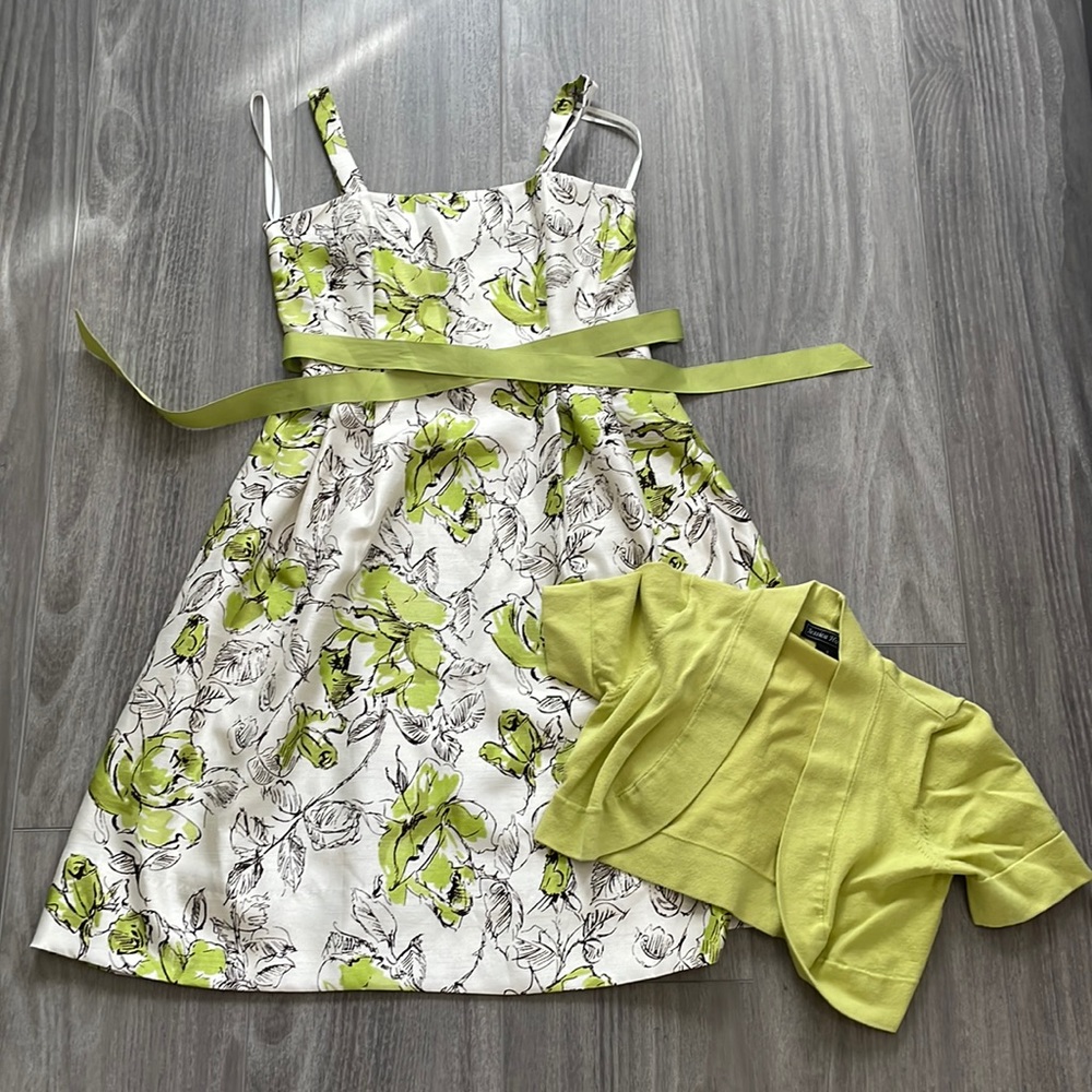 Jessica Howard Floral Dress with Green Ribbon Belt and Matching Geeen Cardigan